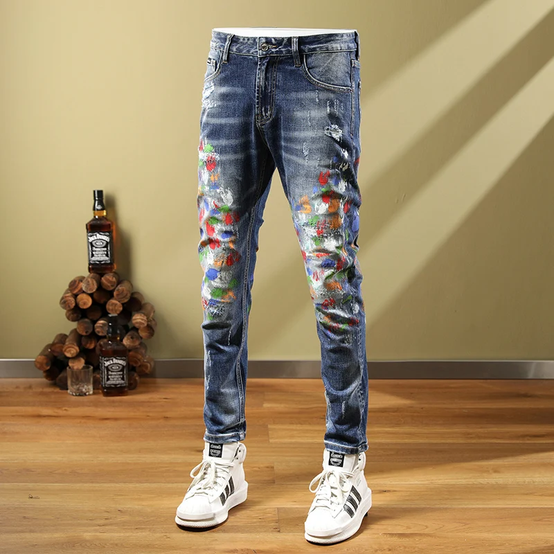 High Street Fashion Men Jeans Retro Blue Elastic Ripped Jeans Men Painted Designer Hip Hop Pants Hombre Stretch Skinny Trousers