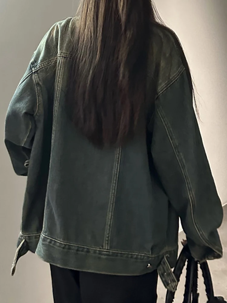 Голубая джинсовая куртка в стиле ретро без воротника женское свободное