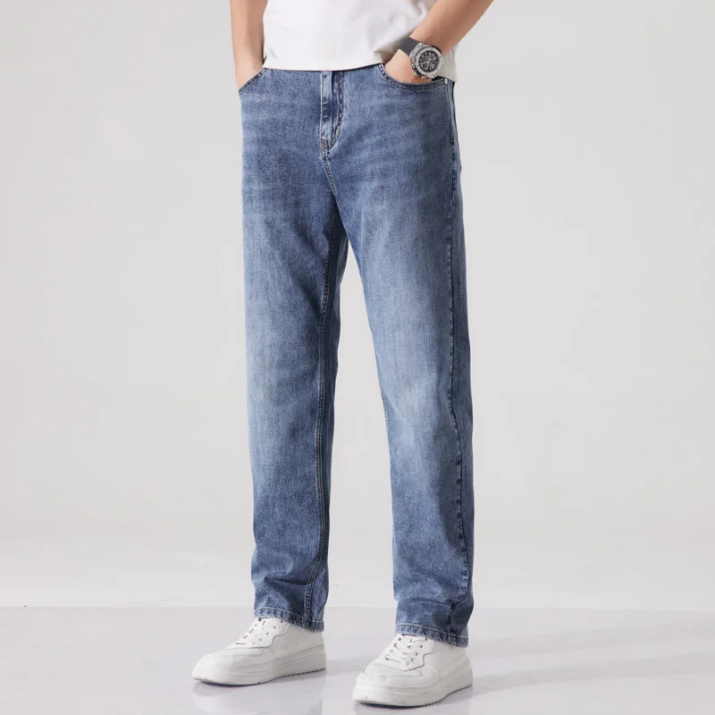 

Classic Style Spring Men's Stretch Cotton Straight Jeans Fashion Casual Grinding White Blue Loose Denim Pants Male Brand