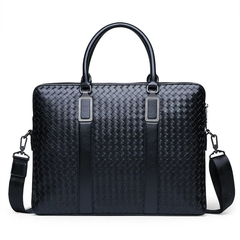 Luxury Woven Leather Men Briefcase Bag Business Handbag Male Laptop Shoulder Bags Tote Documents Office Business Travel Bags