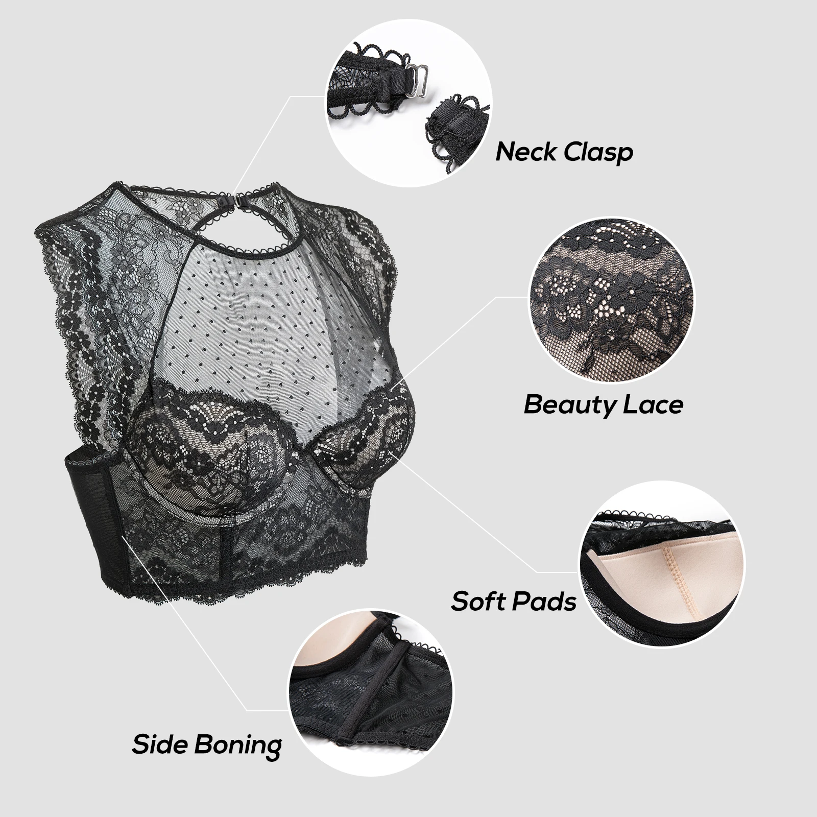 DOBREVA Women's Lace Bralette Crop Top Mesh Bustier Plus Size Padded High-neck Underwired Bra Black White Red DD E