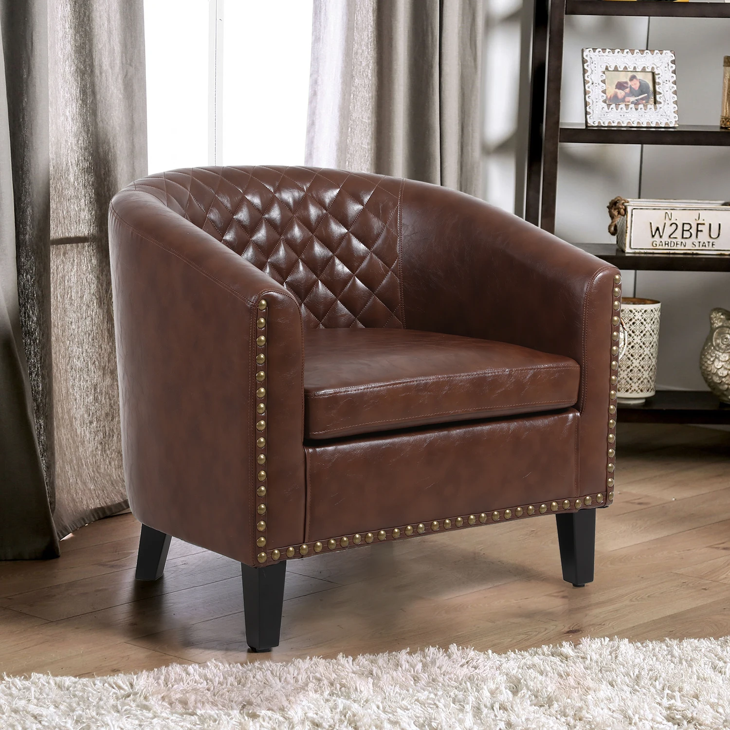 

Accent Barrel Chair Living Room Chair with Nail Heads and Solid Wood Legs PU Leather