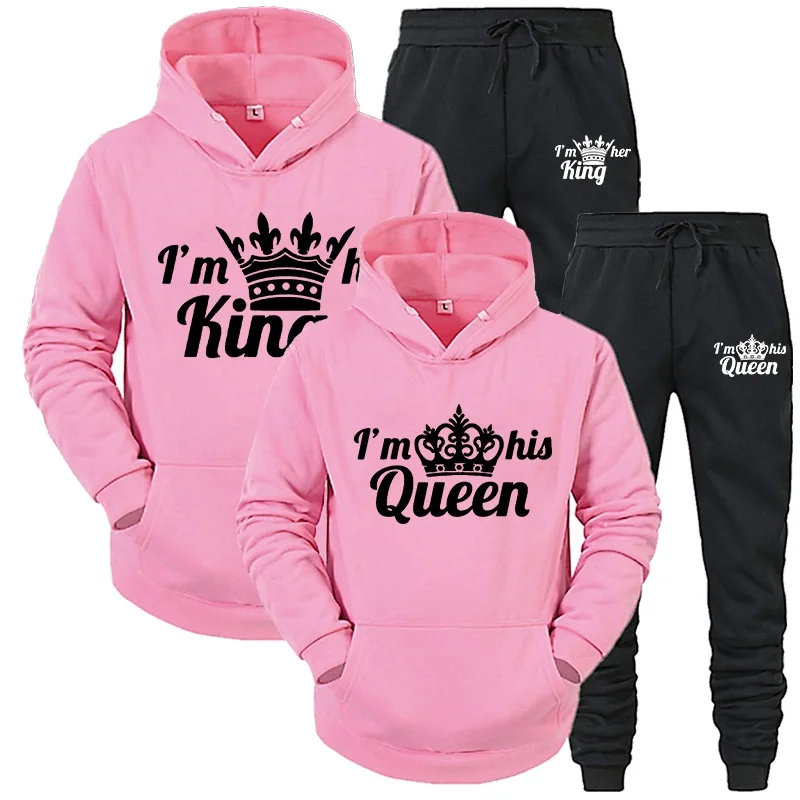 New Couple Sportswear Hoodie printed queen king couple Sweatshirt plus size women's two-piece long sleeved trousers pullover