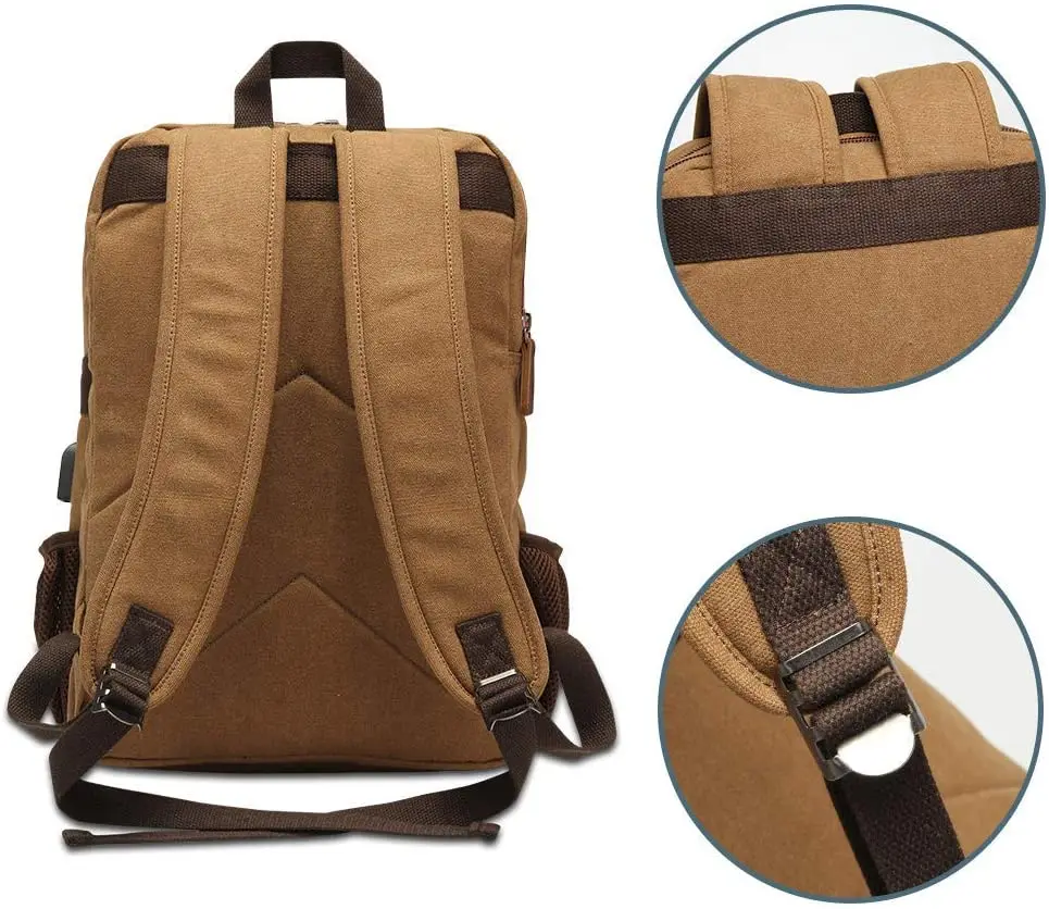Canvas Backpack for Men Women, Vintage Rucksack Fits Most 15.6 Inch Laptop, Bookbag with USB Charging Port, Brown