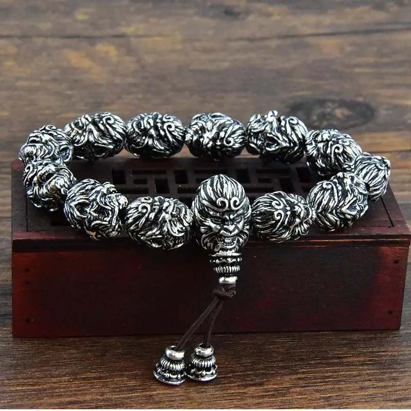 

UMQ Brave Monkey King Men's Bracelet Retro Aggressive Monkey Head Jewelry Old Monkey King Silver Plated Buddha beads Handstring