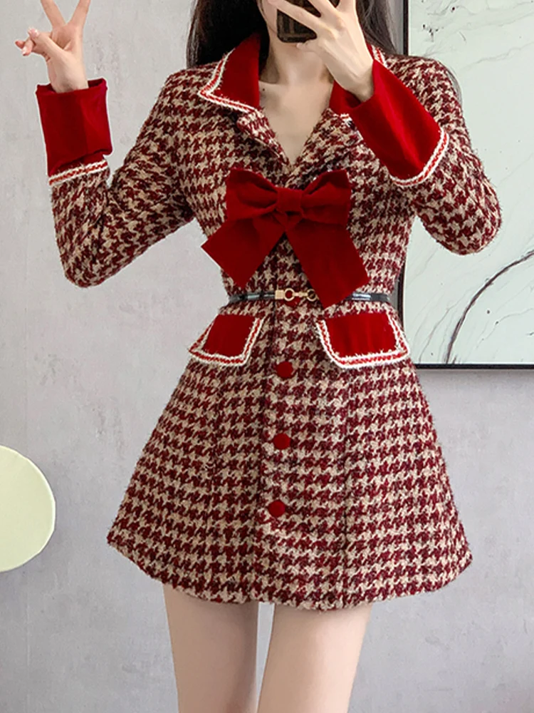 

Temperament Nail Bead Coarse Flower Woolen Dress Long Sleeve Slim Fit A-Line Dress 2023 New Fashion Women'S Clothing