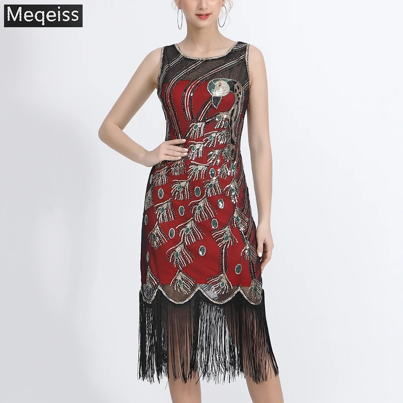 

Meqeiss 1920s Vintage Peacock Sequin Fringed Party Flapper Dress O-Neck Roaring 20s Great Gatsby Dress Gabster Fancy Costumes