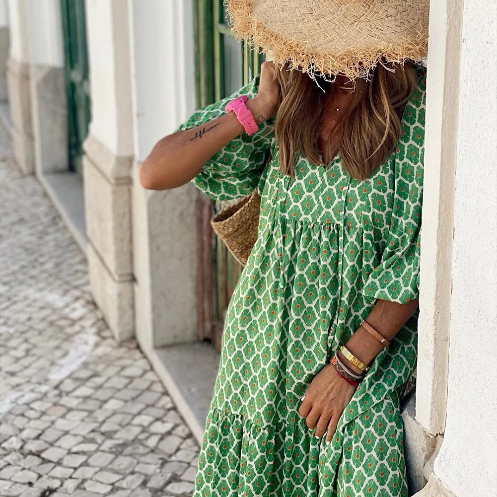 

Plus Size Half Sleeve Dress Women Long V Neck Dress Cotton Large Swing Printed Dress 2023 Maxi Dress Loose Robe Ankle Length