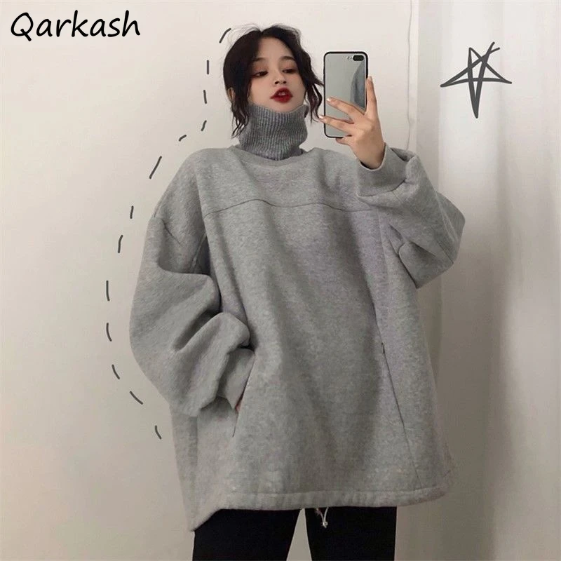 

Sweatshirts Women Casual Fashion Pure Autumn Ulzzang Daily Thicker Chic Female Simple Turtleneck Korean Style College All-match