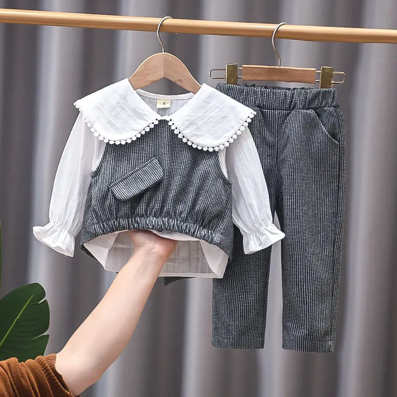 

2022 New Children Cotton Clothing Suits Baby Girls Cartoon Sweater Vest Shirt Pants Pants 3Pcs/Set Spring Autumn Kids Causal Set