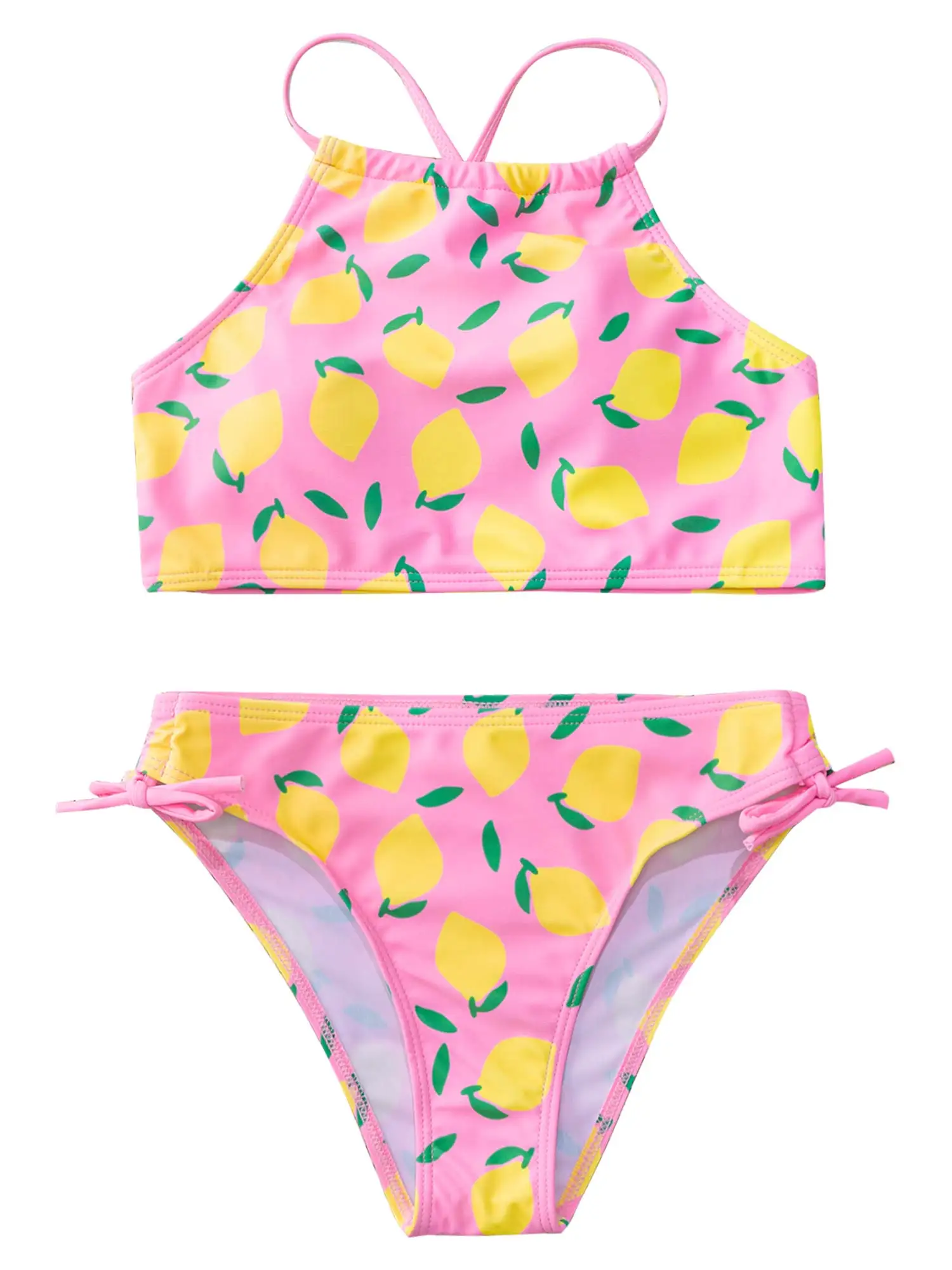 

Kids Girls Print Bikini Tankini Cross Straps Open Back Removable Chest Pads Tops Drawstring Briefs Swimming Bathing Beachwear