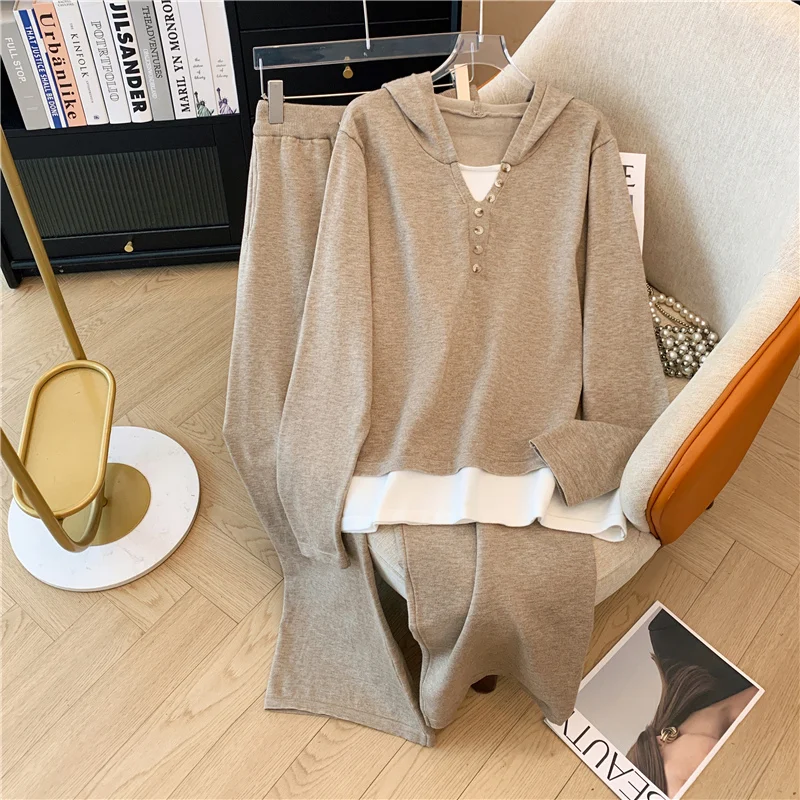 Модный женский костюм в Корейском стиле свободный вязаный топ с капюшоном