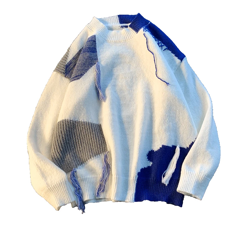 Autumn and Winter O-Neck Knit Sweater for Men Cow Patchwork Pullover Men Knitwear Loose Casual New Mens Oversized Sweater A33