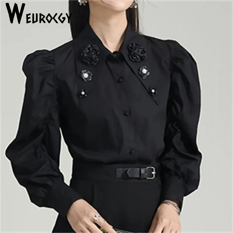 

Женская рубашка-поло с рукавами-фонариками, однотонная трикотажная рубашка-поло с цветочным принтом и жемчужинами, весна 2023