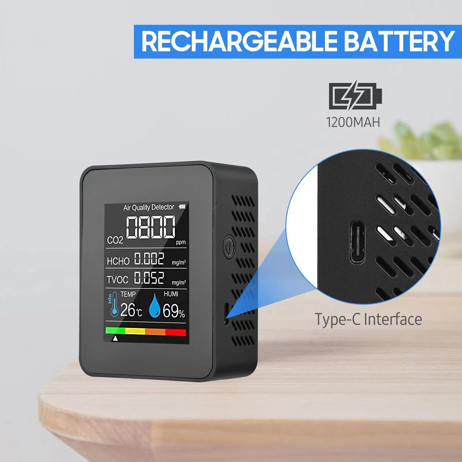 Монитор качества воздуха черный детектор углекислого газа с ЖК-дисплеем TVOC HCHO