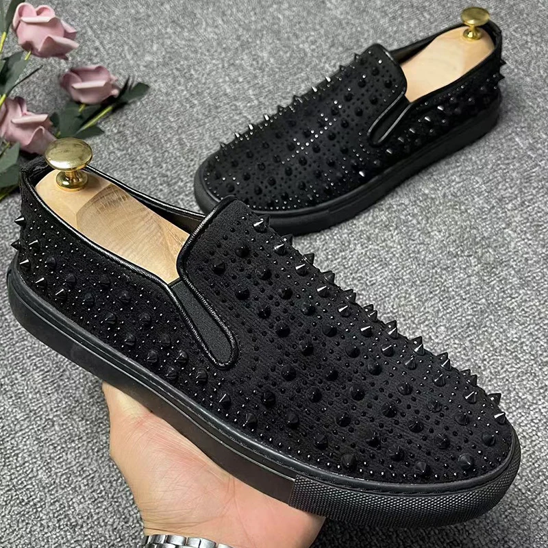 

British style mens fashion rivets shoes slip-on driving shoe party nightclub dress cow suede leather loafers flats footwear male