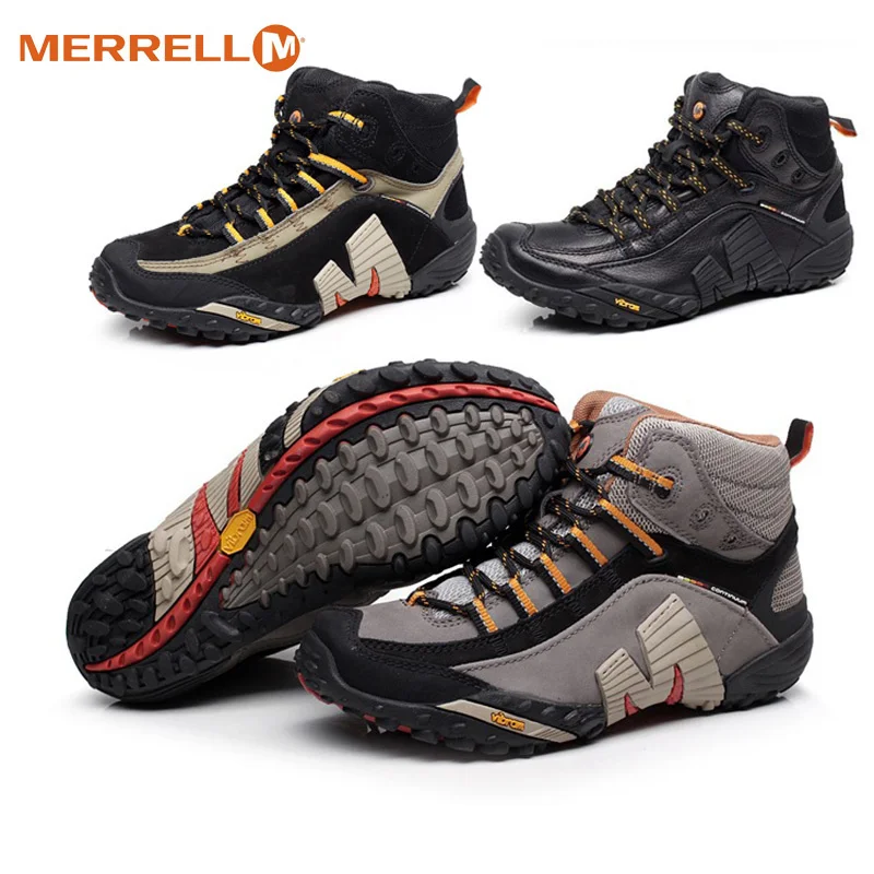 Merrell M Men Professional Outdoor Genuine Leather Hiking Shoes Slip Resistant Warm Mountainner V bottom Medium Cut Sneakers