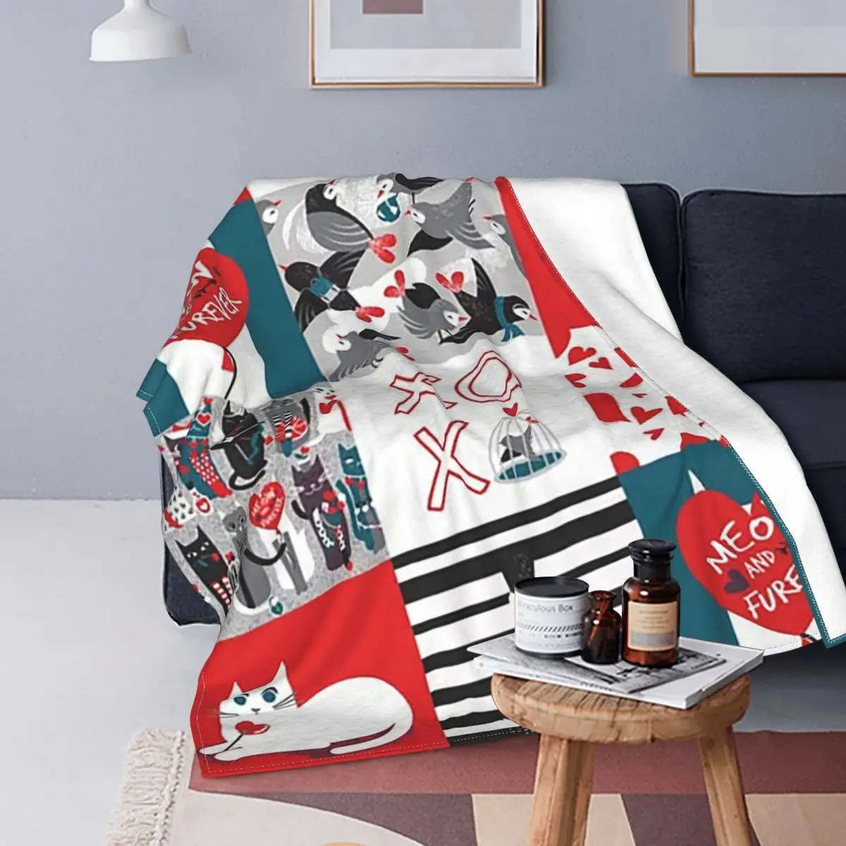 

I Love You Meow And Furever Patchwork Cats Red Valentines Day Blanket Velvet Anime Plaid Throw Blanket for Bedding Car Rug Piece