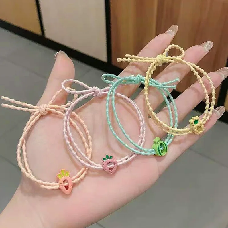

2 Pairs/lot Headbands For Girls Small Fresh Hair Rope Fruit Hair Band Simple And High Elastic Girl Heart Strawberry Elastic Band