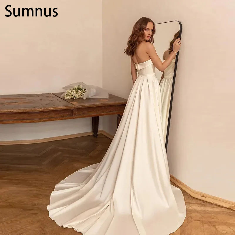 

Sumnus Vintage Strapless Ivory Long Wedding Dresses 2022 Stain A-line Sleeveless Vestidos De Novia Robe De Soirée De Mariage