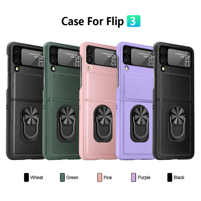 Z Flip 3 Funda Case for Samsung Galaxy Z Flip 3 Hinge Metel Ring Surpport Lychee Pattern Protetcion Phone Case Cover ZFlip3