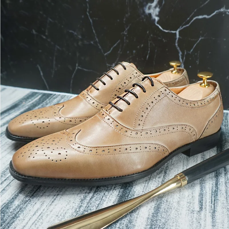 

Italian Design Genuine Leather Mens Wedding Wingtip Brogue Shoes Lace Up Formal Dress Shoes Party Office Brown Oxford