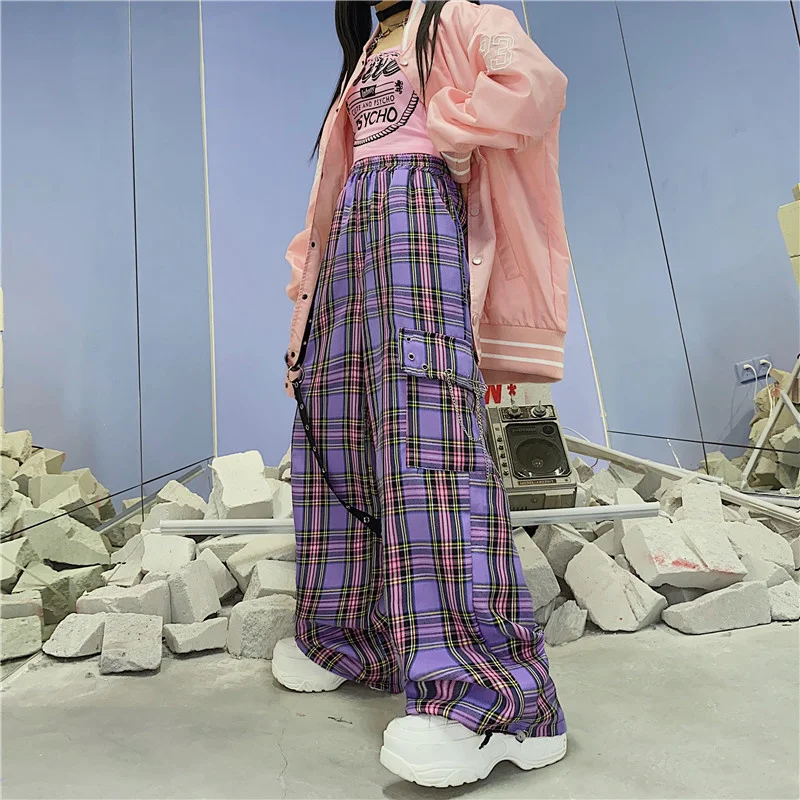 

Женские брюки-карго Mall Goth Y2K, фиолетовые клетчатые брюки в стиле хиппи, уличная одежда в стиле Харадзюку, женские брюки в клетку с высокой тал...