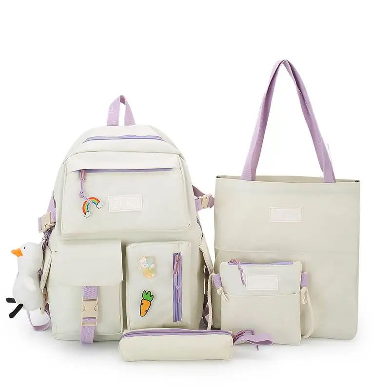 4 Pcs/set Women Solid Color Backpack Canvas Schoolbags for Teenage Girls Kids Primary School Bag College Student Laptop Backpack
