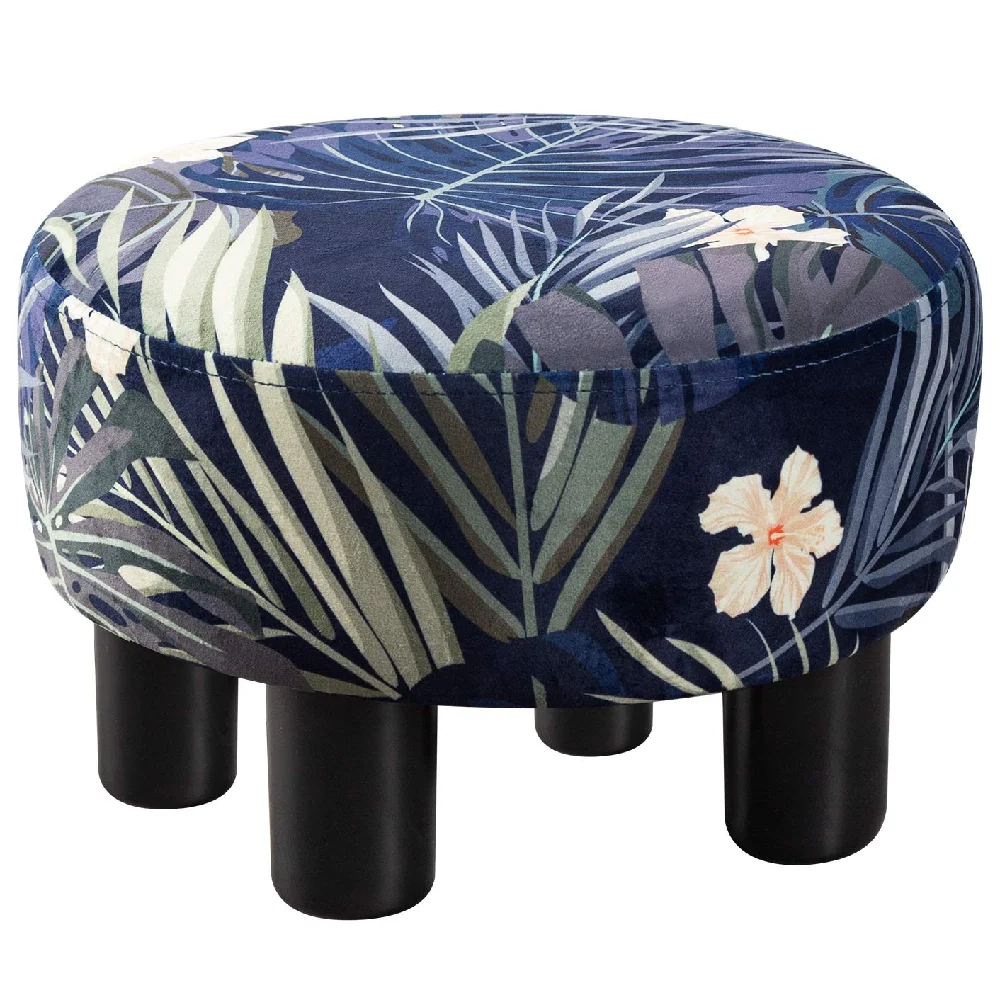 Small Foot Step Stool Padded Plastic Leg Round Blue Flower Modern Step Low Chair Footrest for Christmas Living Room Cloakroom