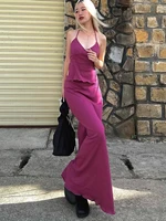 y2k sexy halter top long skirt two piece sets matching set outfits for women 2022 summer backless bandage rose red maxi dress