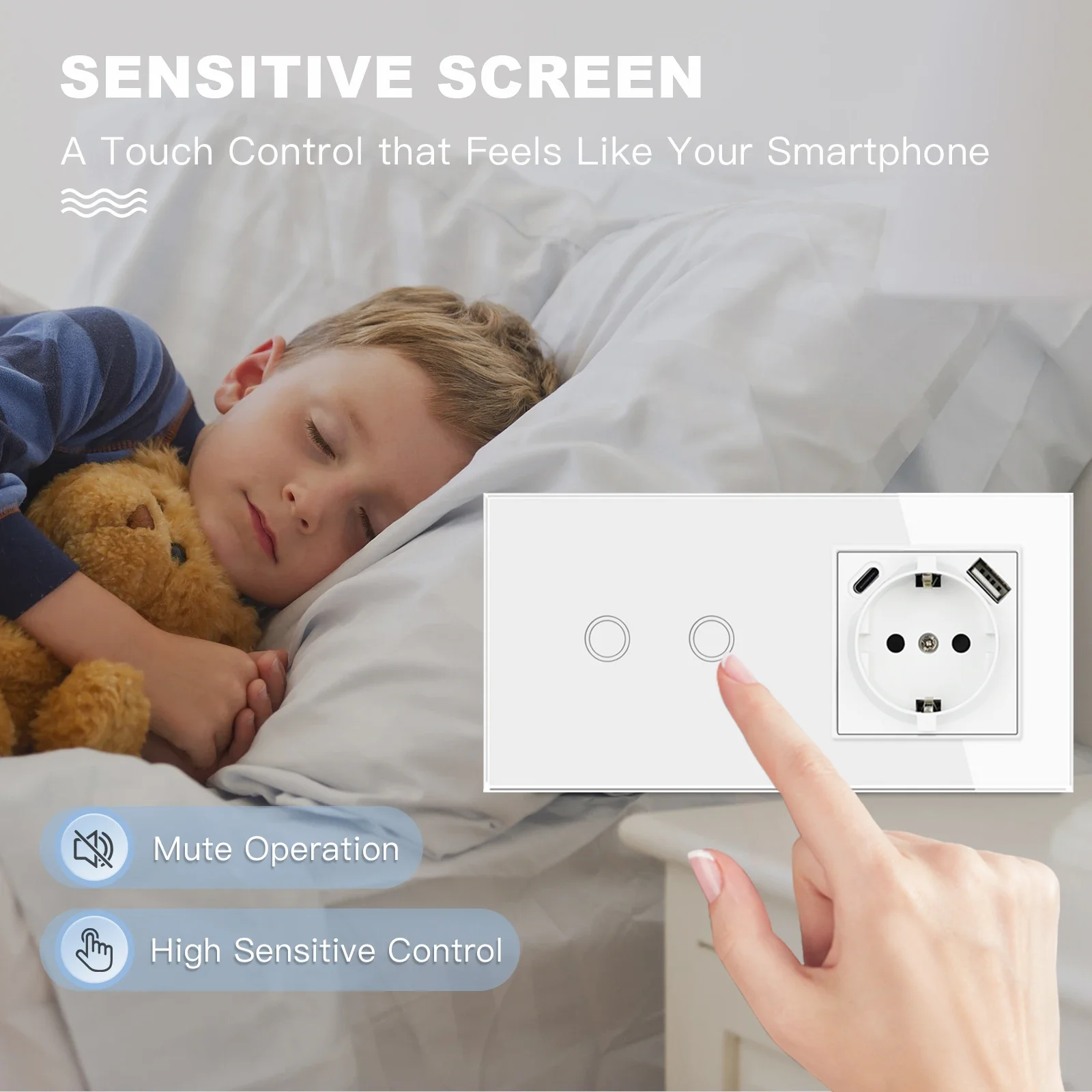 Сенсорный выключатель EIOMR европейского стандарта с разъемом USB Type-C стеклянная