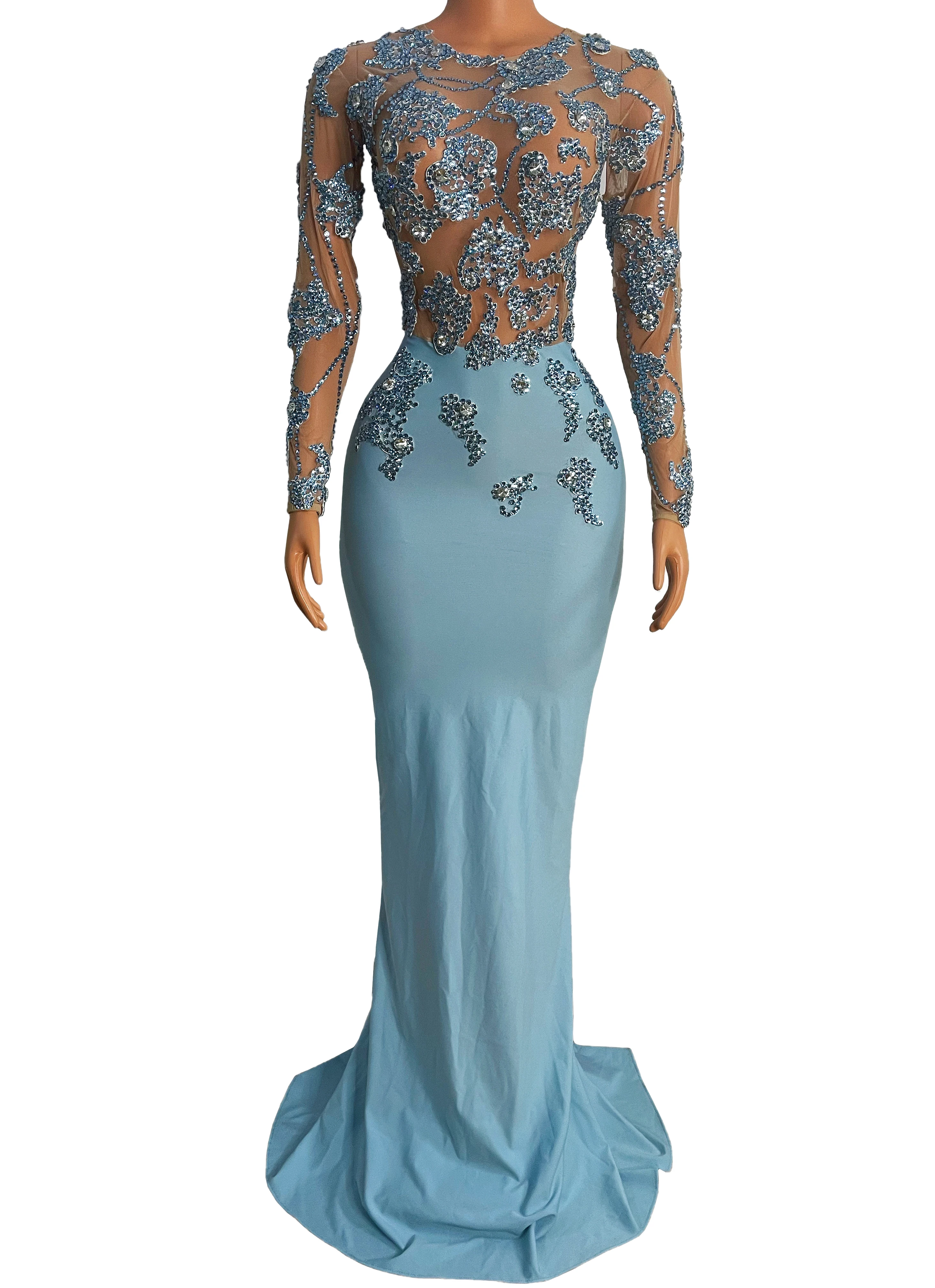 

Blue Rhinestone Long Sleeves Dress Birthday Evening Celebrate Transparent Costume Women Dancer Performance Outfit biyue