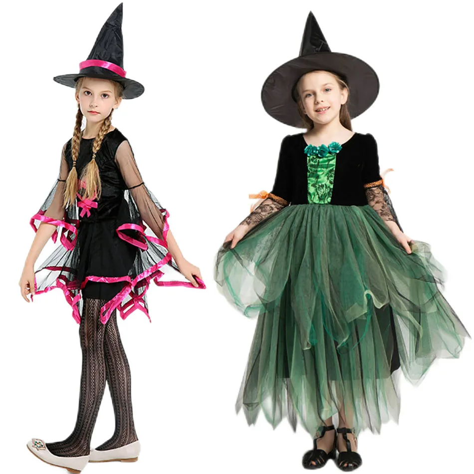 

Girl Witch Dress Kids Halloween Costume Set Hat Vampire Wizard Dress Up Children Carnival Cosplay Costume Props 3 to 8 Years Old