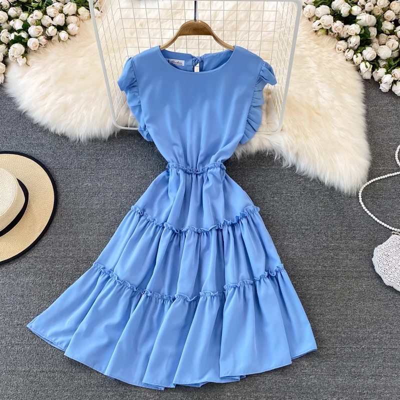 

Fashion Women Sleeveless A-line Office Dress Summer Girls Korean Close Waist Show Thin Sleeveless O-Neck Ruffle Work Dress 2022