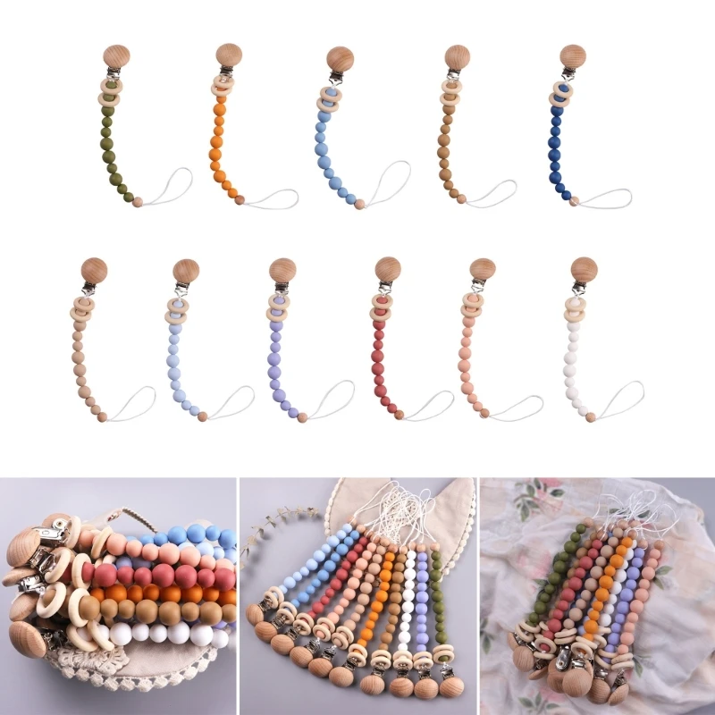 

Silicone Teething Bead Wooden Pacifier Clip Baby Soother Anti-lost Clip Dummy Chain Teether Accessory Infant Shower Gift A2UB