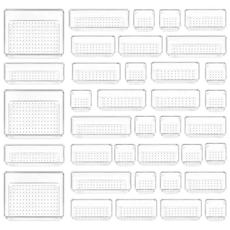 

37 PCS Clear Plastic Drawer Organizers Set,4Size Versatile Bathroom ,Storage Bins for Makeup,Kitchen Utensils and Office