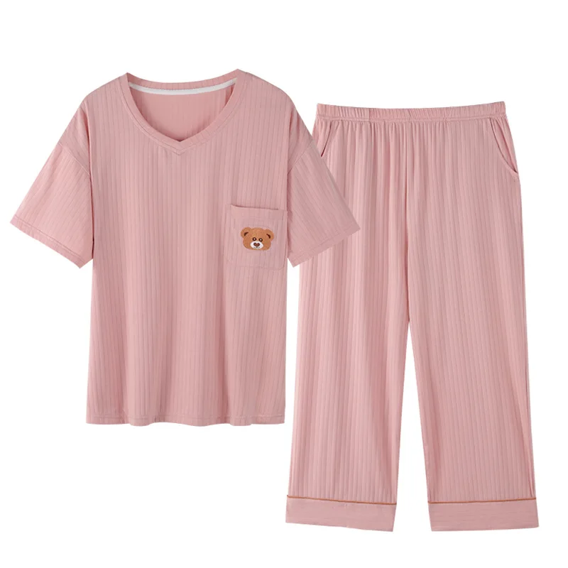 

Simple Summer Modal Women's Short-Sleeved Thin Home Clothes Comfortable Breathable Pullover V-Neck Casual Cotton Pajamas Set