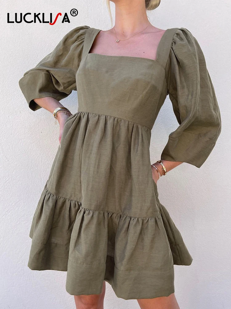 

Lucklisa Half Sleeve Mini Dresses Women Square Collar Backless Elegant Lady Green Tiered Summer Dresses For Women Streetwear