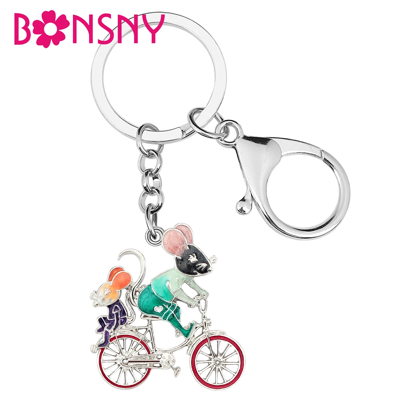 

BONSNY Enamel Alloy Metal Bike Bicycle Rat Keychains Mouse Key Chain Ring Animals Fashion Jewelry For Women Men Teen Charm Gifts