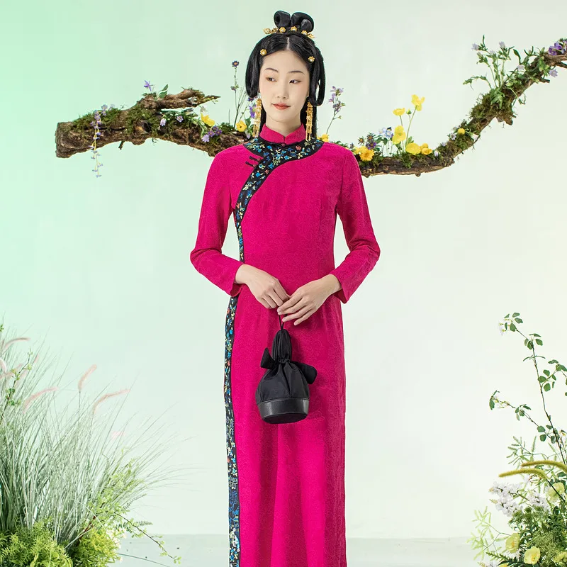 A Life On The Left Women Improved Cheongsam Long Sleeve Slim Waist Retro Chinese Style Embroidery Split Hem Traditional Skirt