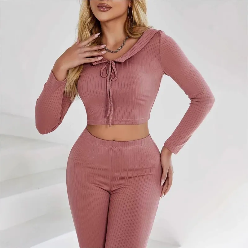 Сплошной цвет повседневный женский костюм длинные брюки с длинными рукавами