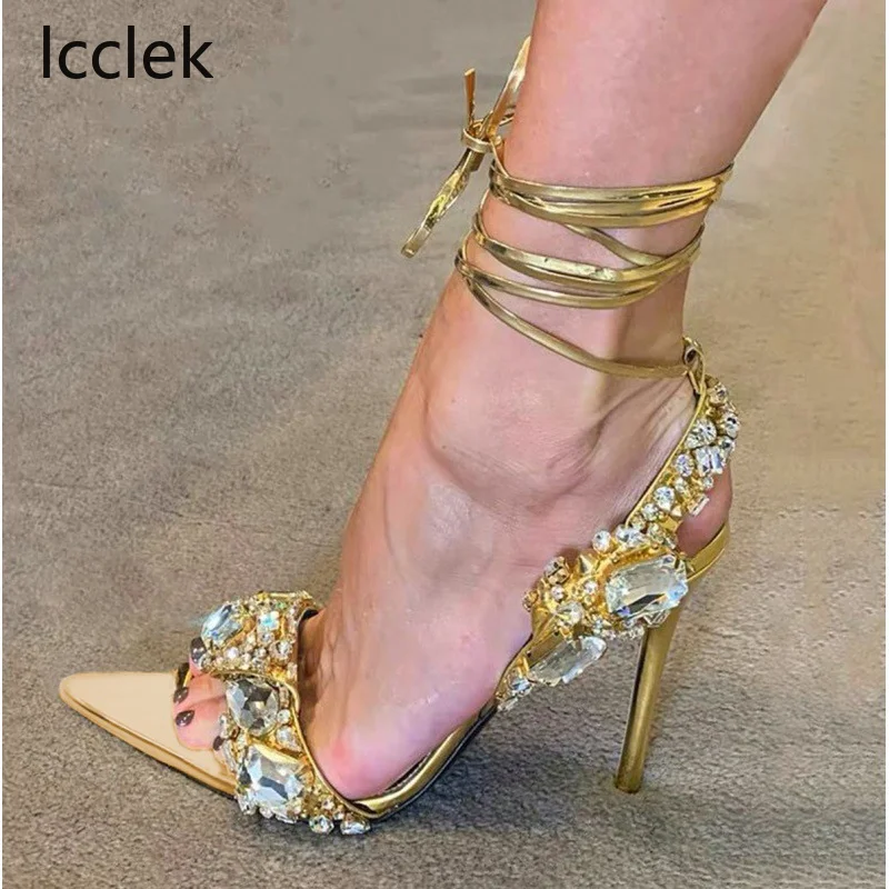 

Liyke Sexy Ankle Strap Golded Sandals Women Party Nightclub Stripper Heels High Quality Crystal Diamond Pointed Toe Wedding Shoe