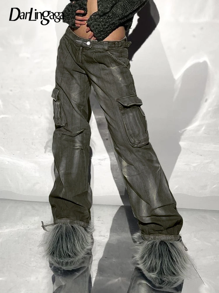 

Darlingaga Streetwear Vintage Gradient Cargo Pants Female Jeans Fashion Loose Big Pockets Denim Trousers Harajuku Baggy Capris