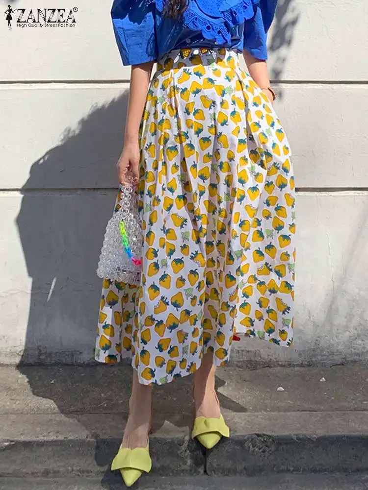 

Women Strawberry Print Skirts ZANZEA 2022 Summer Back Zipper Midi Skirts Casual A-line Pleated Bottoms Ladies Bottoms Oversized