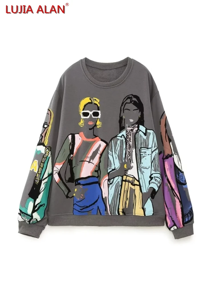 

2023 New Women's Fashion Printed Terry Loose Pullovers Female Hot Sale Casual O-Neck Long Sleeve Sweatshirts LUJIA ALAN SW2198