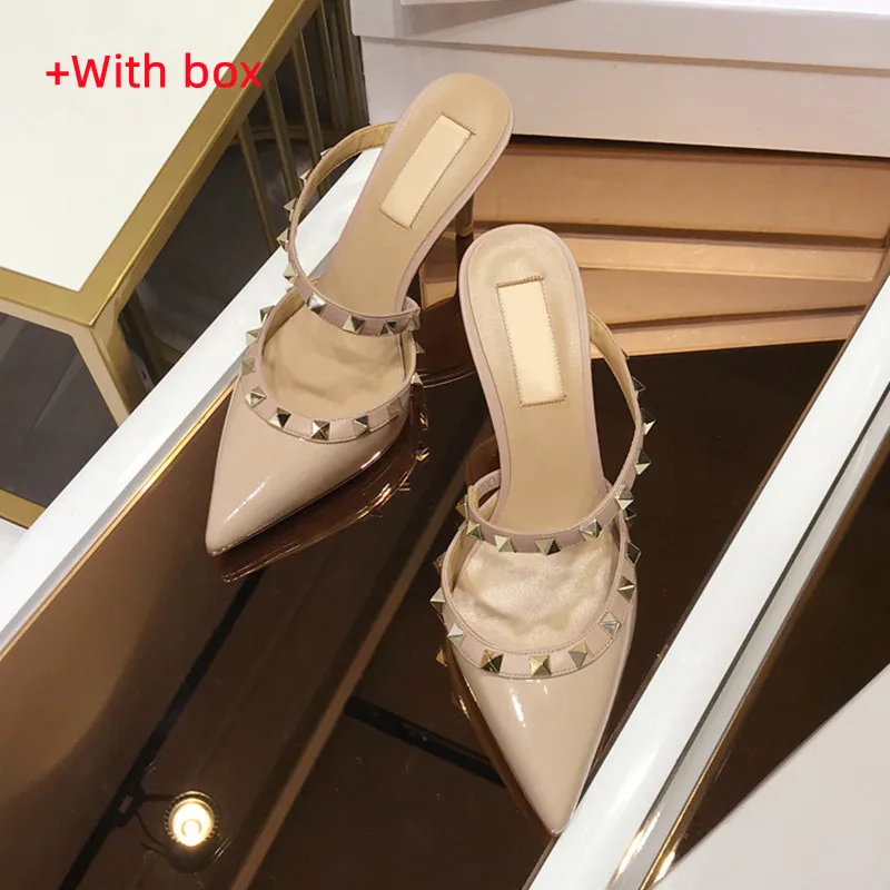 Heeled Sandals Women's Slippers Summer 2023 Real Leather Luxury Rivet High Heels Pointed Toe Ladies Shoes Elegant Casual Shoes
