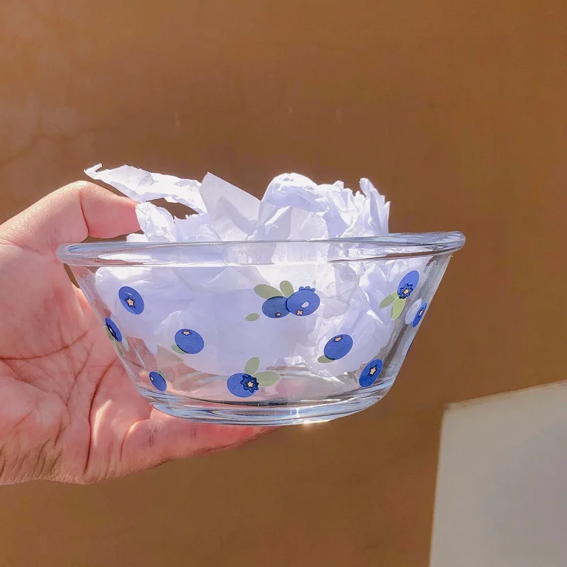 

Korean Style Fresh and Lovely Flower Glass Bowl Breakfast Cereal Salad Bowl Glass Cup Heat Resistant Flower Blueberry Plate