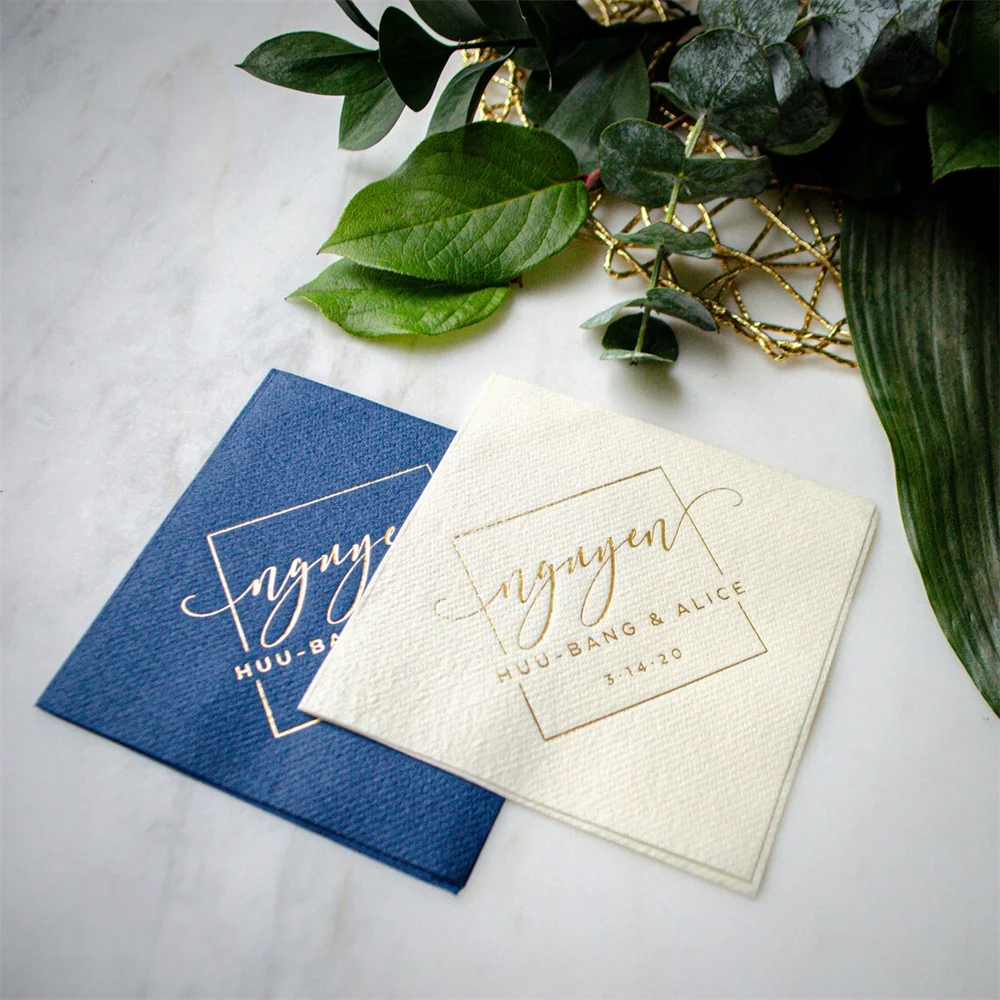 50PCS Square Monogram Linen-Like Wedding Cocktail Napkins Custom Linun Beverage Gold Foil Party Wedd