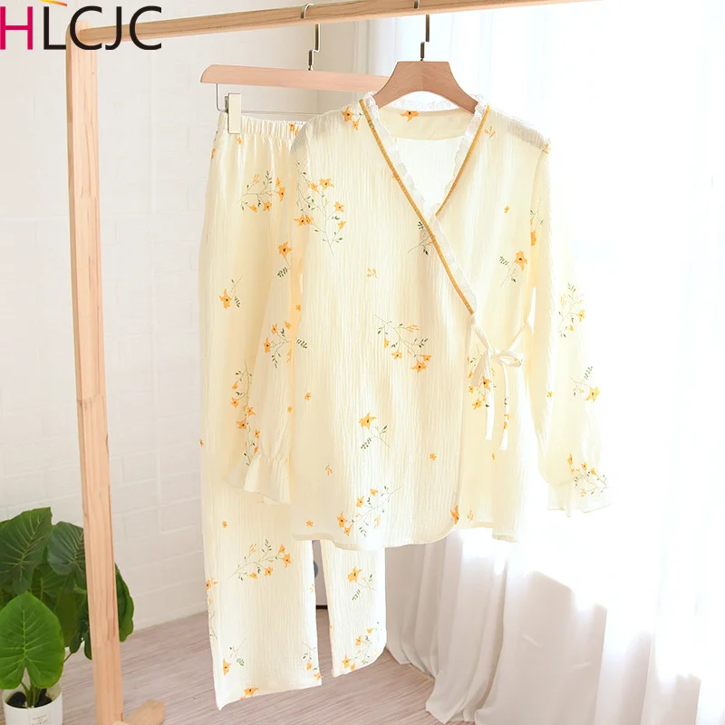 

Japanese Style Women Cotton Crepe Pajamas Long Sleeve Spring Pajama Set Print Sleepwear 2 Piece Casual Nightwear Lace Pyjamas
