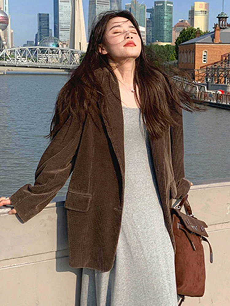 LANMREM винтажный вельветовый женский пиджак с зубчатым воротником однобортное